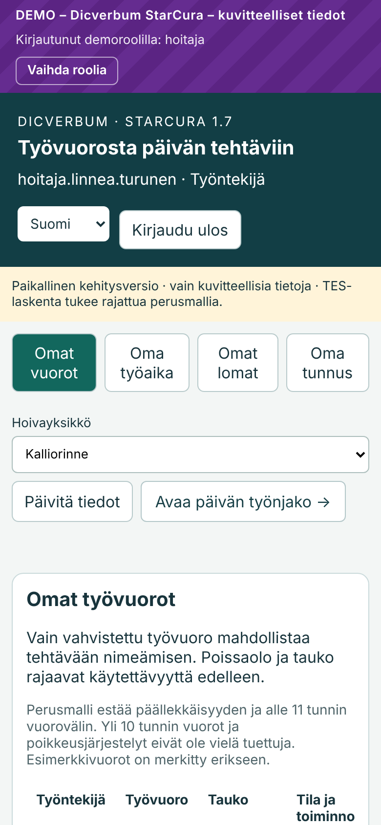 Omat vuorot -välilehti työpöydällä
