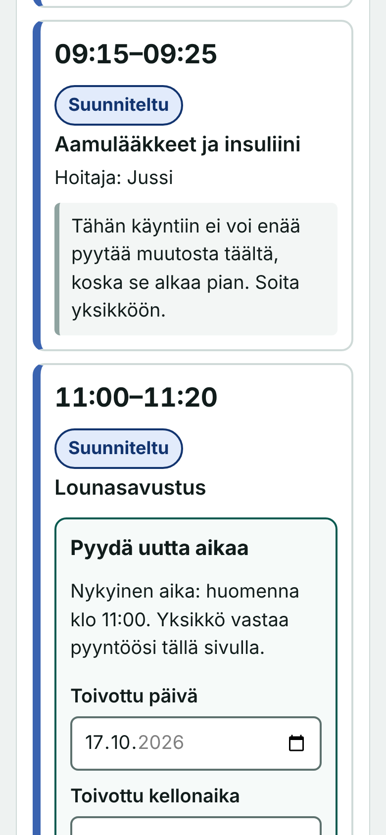 Pyydä uutta aikaa -lomake