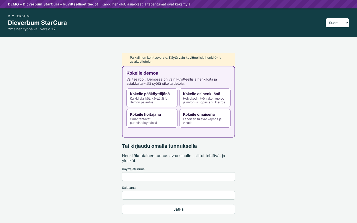 Kirjautumissivu demotilassa: roolipainikkeet ja oma kirjautuminen
