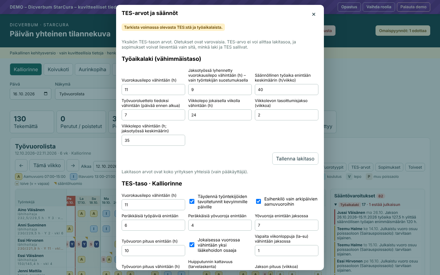 TES-arvot ja säännöt -ikkuna