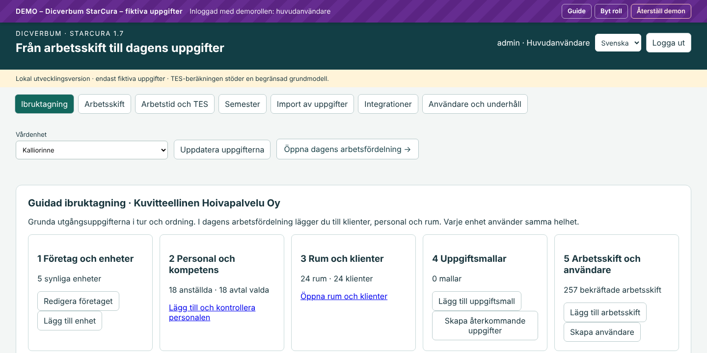 Työpöytä ruotsiksi: kielivalitsin oikeassa yläkulmassa