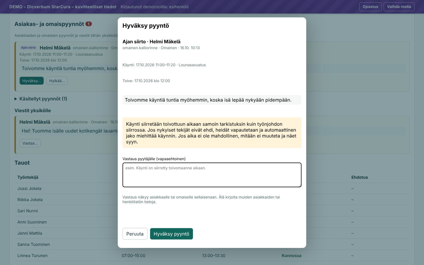 Pyynnön hyväksyntä ja vastaus omaiselle